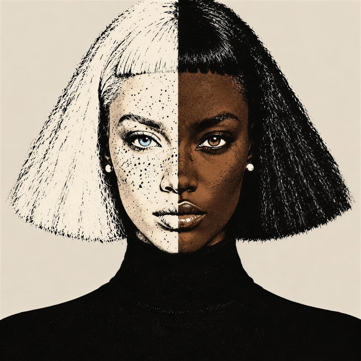 Portrait of Aurelia Noiré, her face split porcelain and ebony